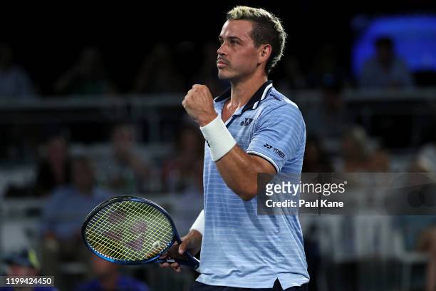 Alex Bolt of Australia celebrates winning the first set in his match against Stephane Robert of France during day three of the 2020 Adelaide...
