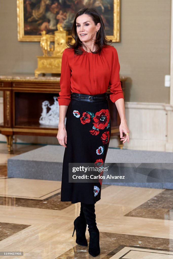 Queen Letizia Of Spain Attend Audiences At Zarzuela Palace
