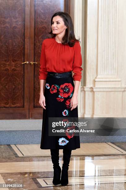 Queen Letizia of Spain attends several audiences at the Zarzuela Palace on January 14, 2020 in Madrid, Spain.