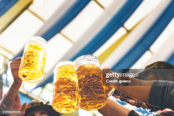 people clinking mass-beer glasses at beer fest in munich - bavaria beer stock pictures, royalty-free photos & images