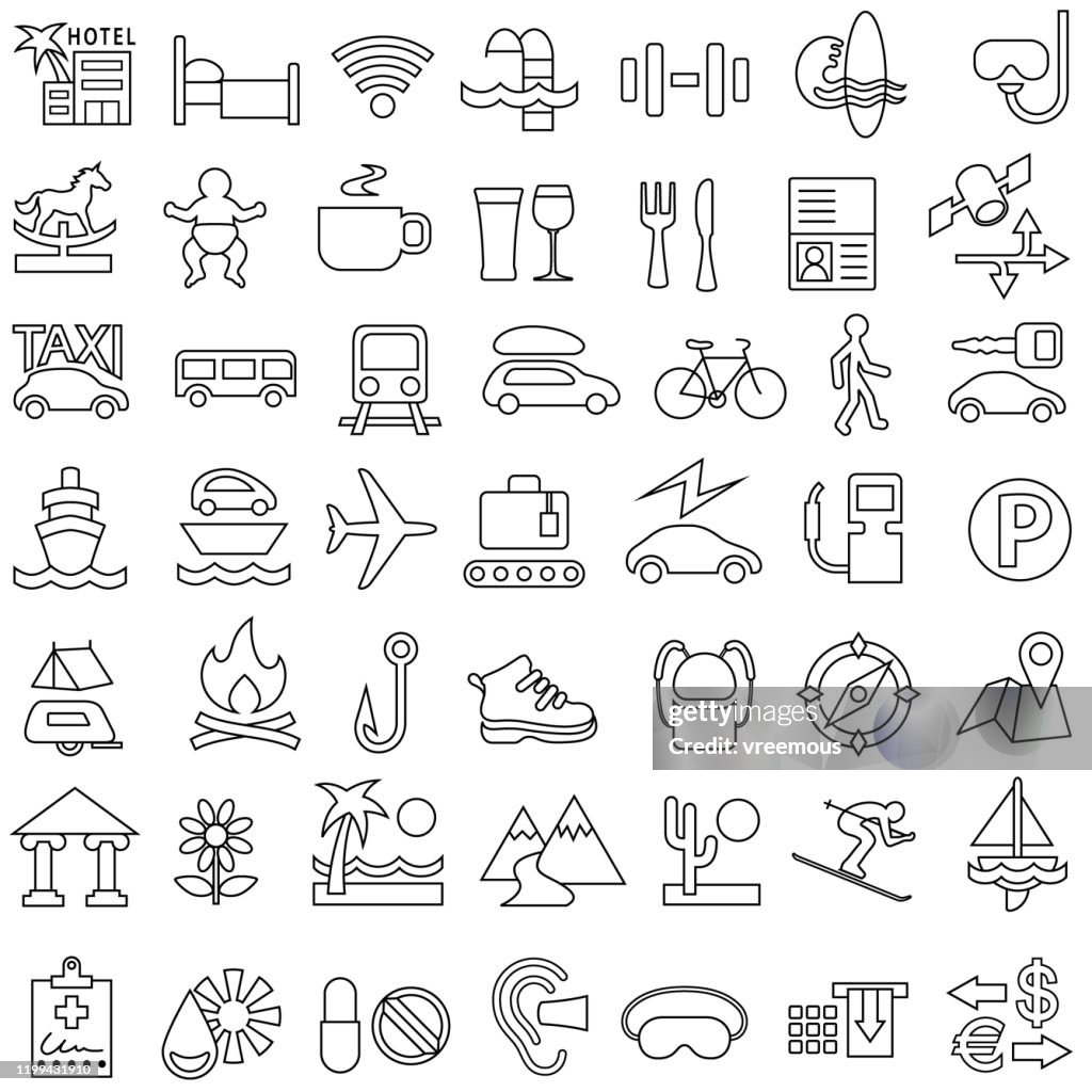 Travel, Holidays and Vacation Outline Icons