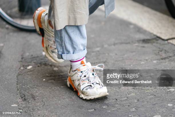Balenciaga sneakers are seen, outside Reshake, during Milan Fashion Week Menswear Fall/Winter 2020/2021, on January 13, 2020 in Milan, Italy.