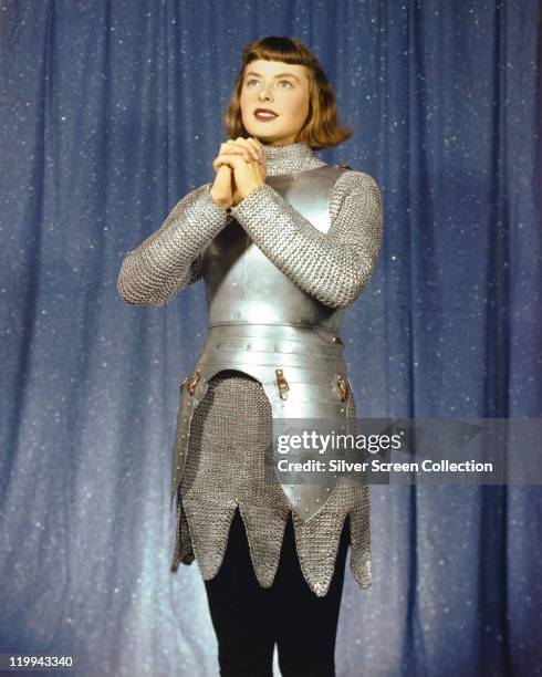 Ingrid Bergman , Swedish actress, wearing a suit of armour in the stage production, 'Joan of Lorraine', 1946. The play, written by directed by...