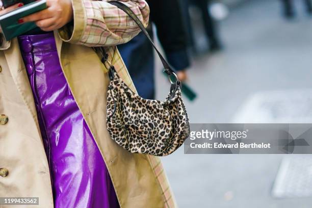 Leopard print bag is seen, outside Reshake, during Milan Fashion Week Menswear Fall/Winter 2020/2021, on January 13, 2020 in Milan, Italy.