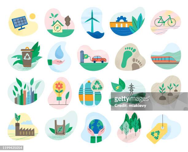 illustrazioni stock, clip art, cartoni animati e icone di tendenza di insieme di simboli ecologia - industria energetica