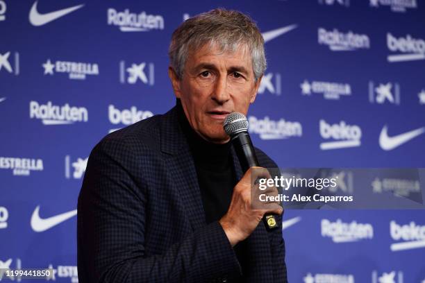 Barcelona Head Coach Quique Setien faces the media as he is unveiled as new FC Barcelona Coach at Camp Nou on January 14, 2020 in Barcelona, Spain.