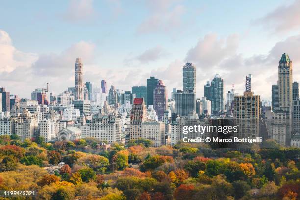 high angle view of upper west side manhattan skyline and central park, new york city - manhattan autumn fotografías e imágenes de stock