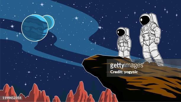 illustrazioni stock, clip art, cartoni animati e icone di tendenza di vector astronaut team nell'illustrazione spaziale - spazio cosmico