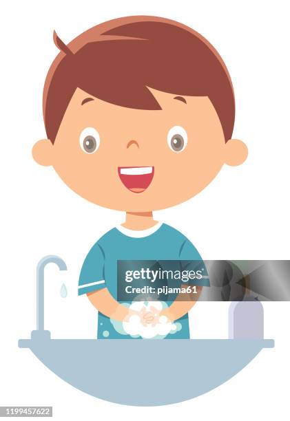 boy washing hands - hand washing cartoon stock illustrations