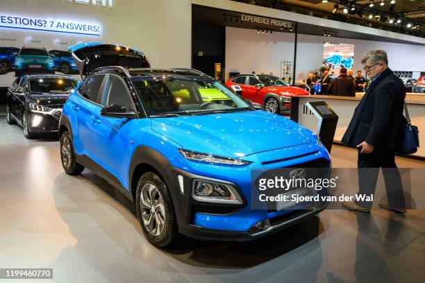 Hyundai Kona Hybrid compact crossover suv on display at Brussels Expo on January 9, 2020 in Brussels, Belgium.