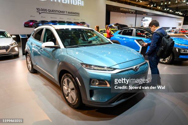 Hyundai Kona Electric compact crossover suv on display at Brussels Expo on January 9, 2020 in Brussels, Belgium.
