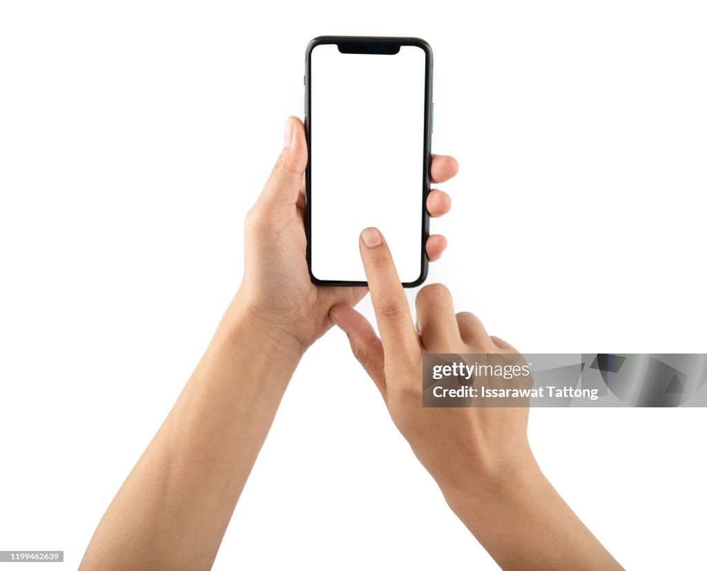 Hand holding phone mobile and touching screen isolated on white background