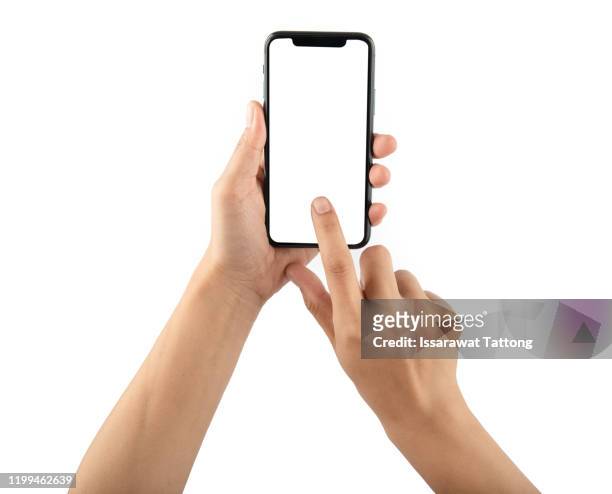 hand holding phone mobile and touching screen isolated on white background - human hand stock pictures, royalty-free photos & images