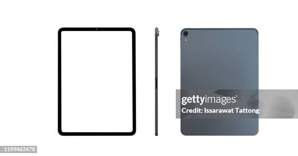 grey tablet. transparent screen isolated. front and side display view - rücken stock-fotos und bilder