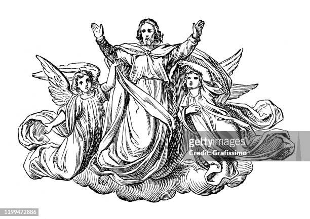 ilustrações de stock, clip art, desenhos animados e ícones de jesus flying with angels arms raised - louvar religião