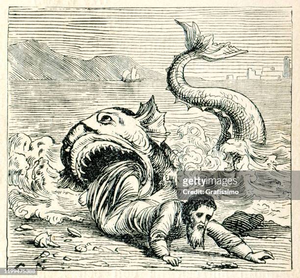 jonah swallowed by whale illustration 1882 - jonah stock illustrations