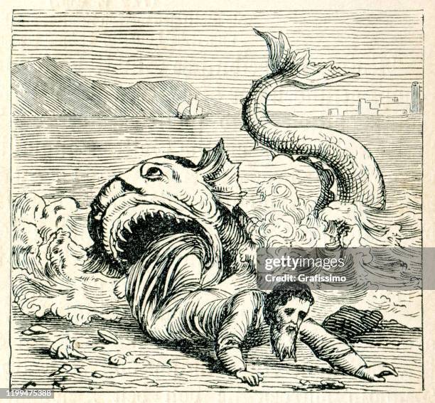 jonah swallowed by whale illustration 1882 - jonah biblical figure stock illustrations