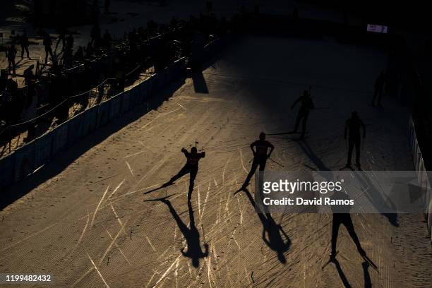 Athletes warm up prior to the Men's 7.5km Sprint in Biathlon during day 5 of the Lausanne 2020 Winter Youth Olympics at Stade Nordique des Tuffes on...