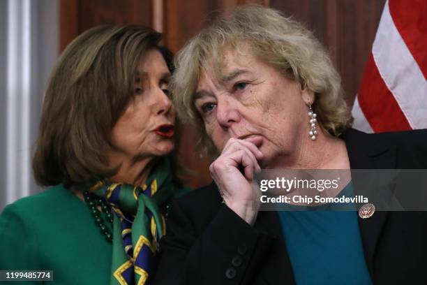 Speaker of the House Nancy Pelosi talks with House Judiciary Committee member Rep. Zoe Lofgren during a news conference marking the tenth anniversary...