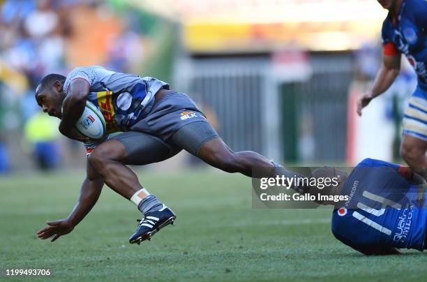 Sergeal Petersen of the Stormers tackled by Cornal Hendricks of the Bulls during the Super Rugby match between DHL Stormers and Vodacom Bulls at DHL...