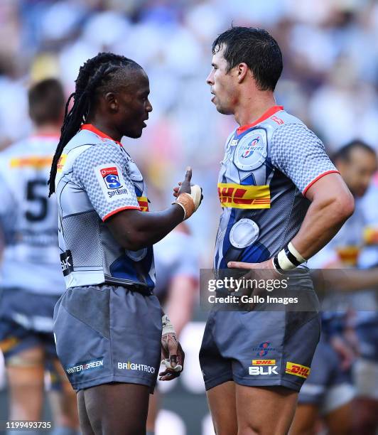 Seabelo Senatla of the Stormers and Ruhan Nel of the Stormers chats during the Super Rugby match between DHL Stormers and Vodacom Bulls at DHL...