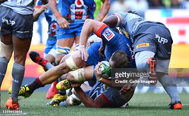 Andries Ferreira of the Bulls tackled by Scarra Ntubeni of the Stormers during the Super Rugby match between DHL Stormers and Vodacom Bulls at DHL...
