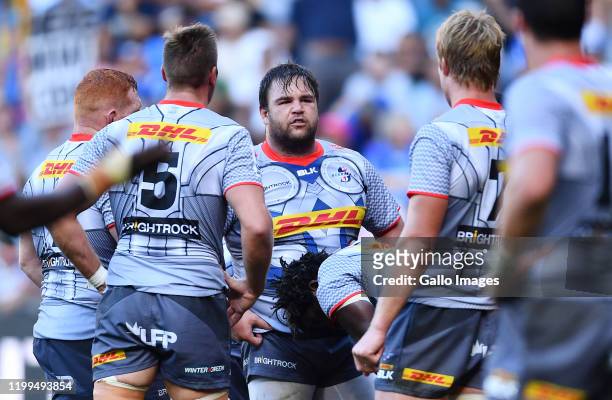Frans Malherbe of the DHL Stormers cap during the Super Rugby match between DHL Stormers and Vodacom Bulls at DHL Newlands on February 08, 2020 in...
