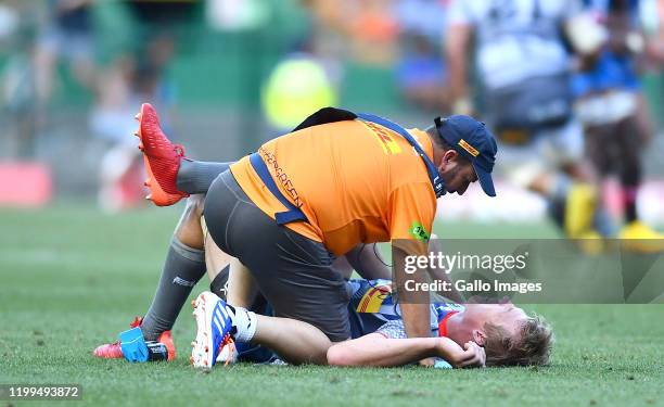 Herschel Jantjies of the Stormers tackled by Embrose Papier of the Bulls during the Super Rugby match between DHL Stormers and Vodacom Bulls at DHL...