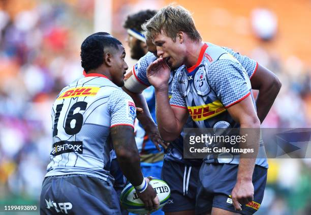 Pieter-Steph du Toit of the Stormers gives instructions to Chad Solomon of the Stormers during the Super Rugby match between DHL Stormers and Vodacom...