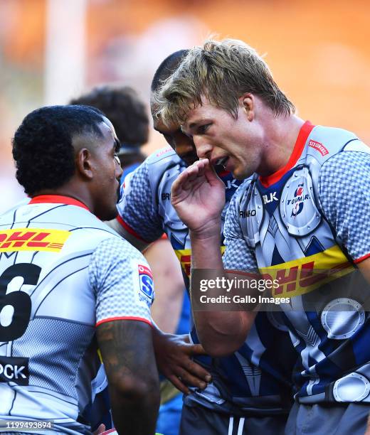 Pieter-Steph du Toit of the Stormers gives instructions to Chad Solomon of the Stormers during the Super Rugby match between DHL Stormers and Vodacom...