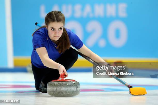 Federica Ghedina of Italy plays a rock in her Mixed Team Round Robin Group D Session 15 match against Czech Republic in curling during day 5 of the...