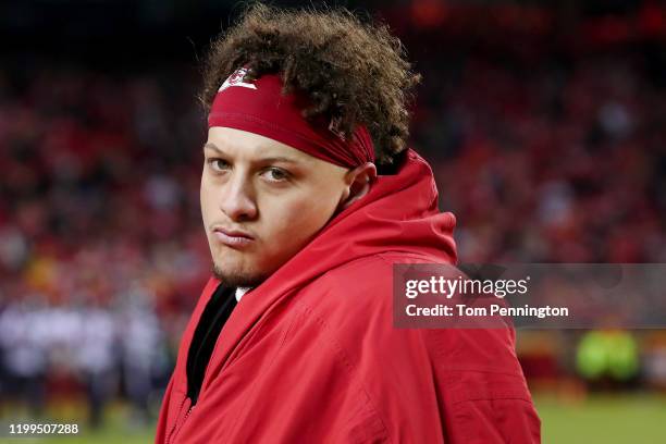 Patrick Mahomes of the Kansas City Chiefs looks on against the Houston Texans during the fourth quarter in the AFC Divisional playoff game at...