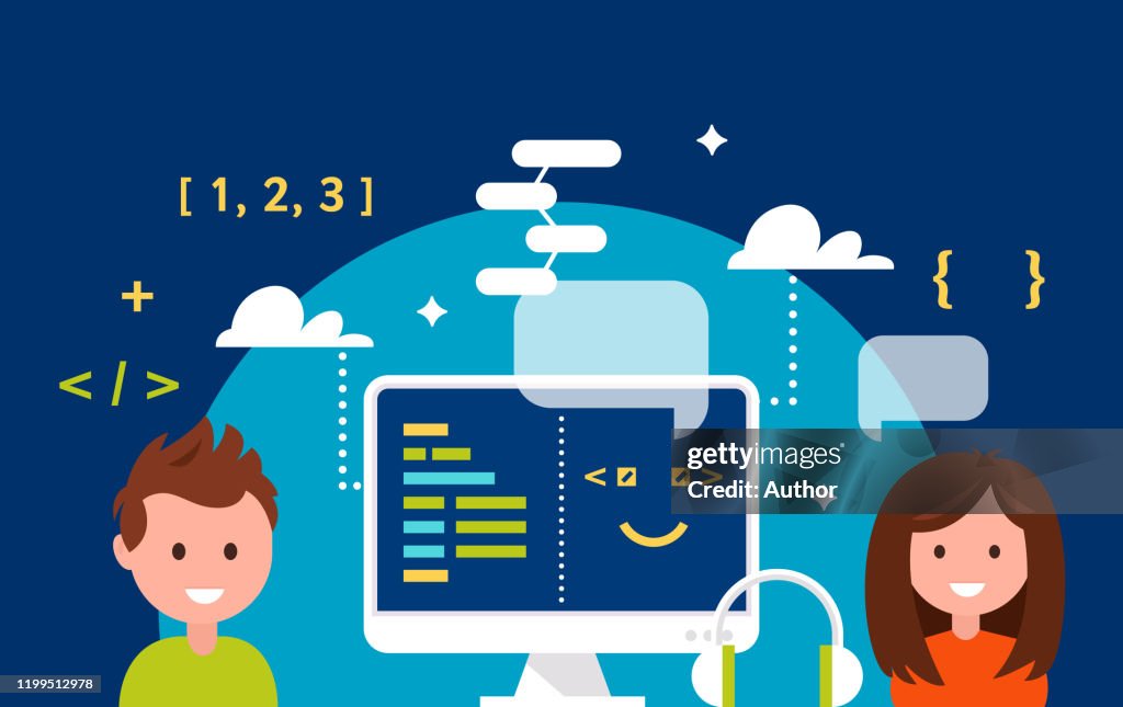 Student Coding Graphic School Children Learning Coding In Science Classroom Vector ...