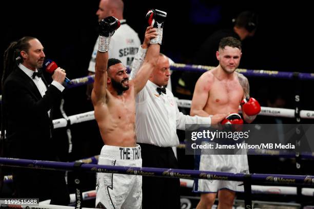 Anthony Tomlinson gets his hand raised as he stops Stewart Burt during the Welterweight fight between Anthony Tomlinson and Stewart Burt at FlyDSA...