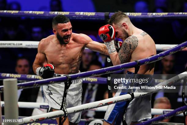 Anthony Tomlinson lands a left hand on Stewart Burt during the Welterweight fight between Anthony Tomlinson and Stewart Burt at FlyDSA Arena on...