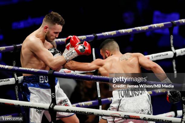 Anthony Tomlinson lands a left hand on Stewart Burt during the Welterweight fight between Anthony Tomlinson and Stewart Burt at FlyDSA Arena on...