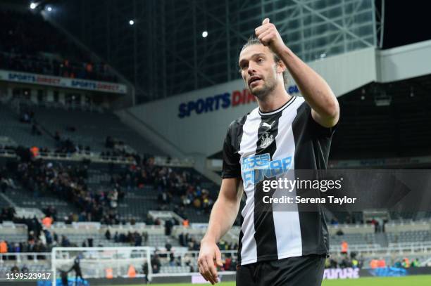 Andy Carroll of Newcastle United gives the thumbs up to fans during the FA Cup Third Round Replay match between Newcastle United and Rochdale AFC at...