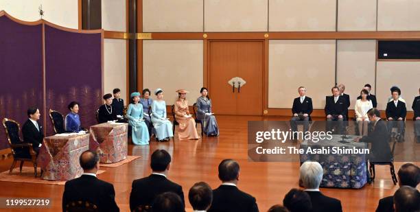 Emperor Naruhito, Empress Masako and royal family members attend the 'Kosho Hajime-no-Gi', first lecture of the New Year at the Imperial Palace on...