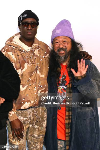 Stylist Virgil Abloh and artist Takashi Murakami attend the Virgil Abloh "Efflorescence" Exhibition Preview at Kreo Gallery on January 14, 2020 in...