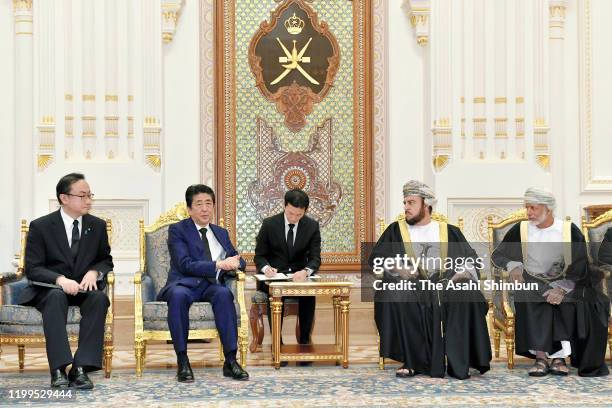 Japanese Prime Minister Shinzo Abe talks with Sayyid Asaad bin Tariq bin Taimur Al Said, special representative for Sultan of Oman on January 14,...