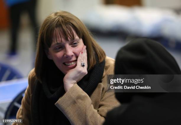 Jess Phillips arrives at a city centre homeless shelter on January 14, 2020 in Glasgow, Scotland.