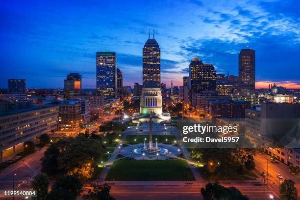 indianapolis skyline and park aerial at dusk - indianapolis stock pictures, royalty-free photos & images
