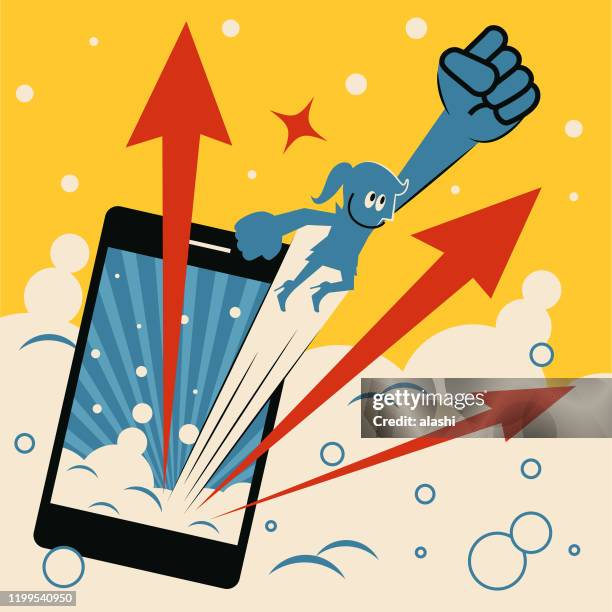 blue girl (woman, businesswoman) and upwards arrow symbol fly away from a smart phone - punching the air stock illustrations