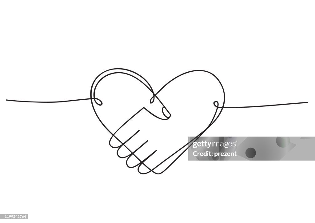 Heart of handshake as friendship and love icon. Continuous line art drawing. Hand drawn doodle vector illustration in a continuous line. Line art decorative design