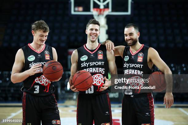 Finn Delany Tom Abercrombie and Ethan Rushbatch wear the new Indigenous jersey during a New Zealand Breakers NBL Indigenous Jersey Launch Media...