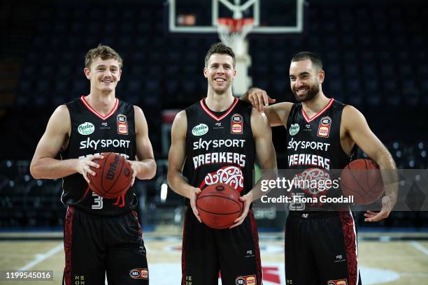 Finn Delany Tom Abercrombie and Ethan Rushbatch wear the new Indigenous jersey during a New Zealand Breakers NBL Indigenous Jersey Launch Media...