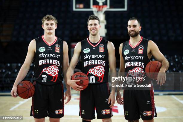 Finn Delany Tom Abercrombie and Ethan Rushbatch wear the new Indigenous jersey during a New Zealand Breakers NBL Indigenous Jersey Launch Media...