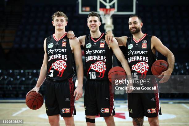 Finn Delany Tom Abercrombie and Ethan Rushbatch wear the new Indigenous jersey during a New Zealand Breakers NBL Indigenous Jersey Launch Media...
