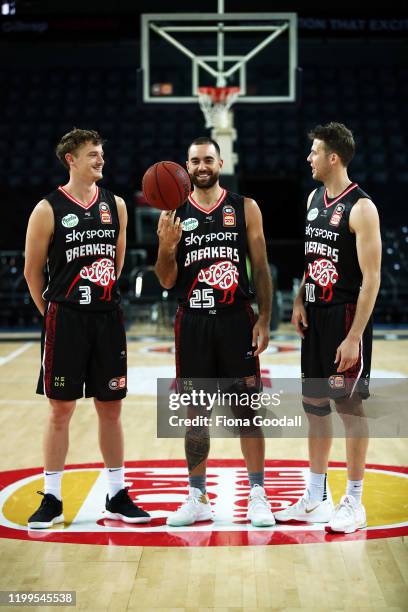 Finn Delany Tom Abercrombie and Ethan Rushbatch wear the new Indigenous jersey before trainingduring a New Zealand Breakers NBL Indigenous Jersey...