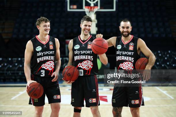 Finn Delany Tom Abercrombie and Ethan Rushbatch wear the new Indigenous jersey during a New Zealand Breakers NBL Indigenous Jersey Launch Media...